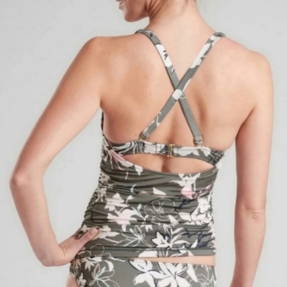 Athleta Aqualuxe Gray Floral Print Ruched Tankini Swim Top - Picture 2 of 10